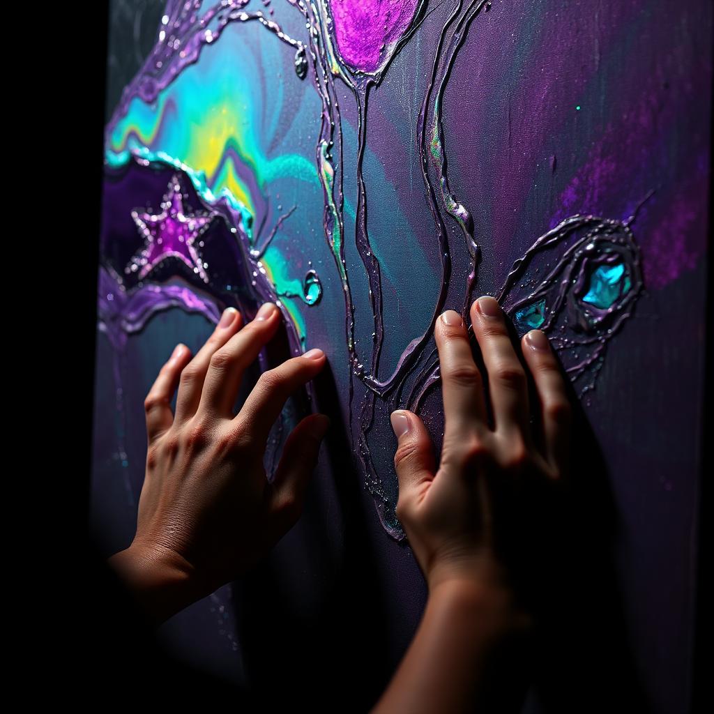 Hands working on a mixed-media painting in the Berseri studio